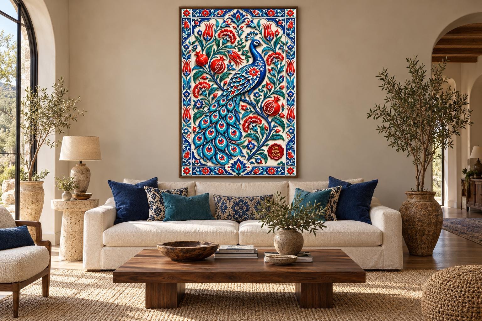 Peacock Porcelain Art Poster, Raised Ceramic Tile Relief, Ornate Iznik Motifs, Colorful Bird Wall Decor, Elegant Living Room Artwork Print — THE 999 CLUB digital wall art