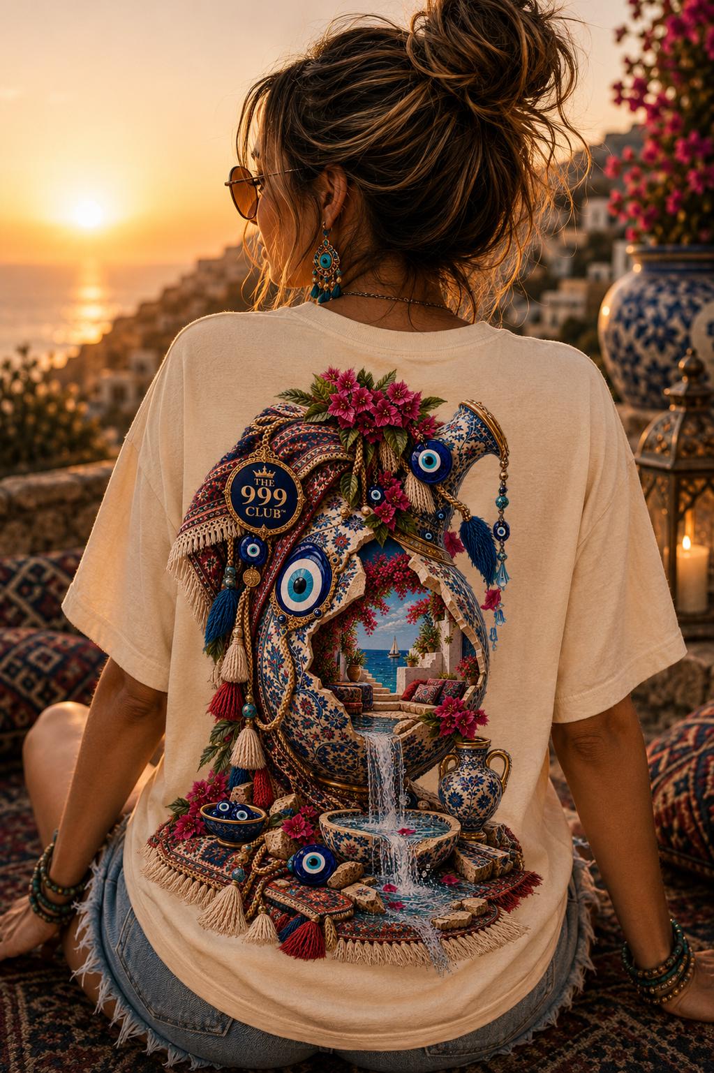 Rug Art Evil Eye T-Shirt, Ceramic Motif Back Print, Unisex Wearable Art