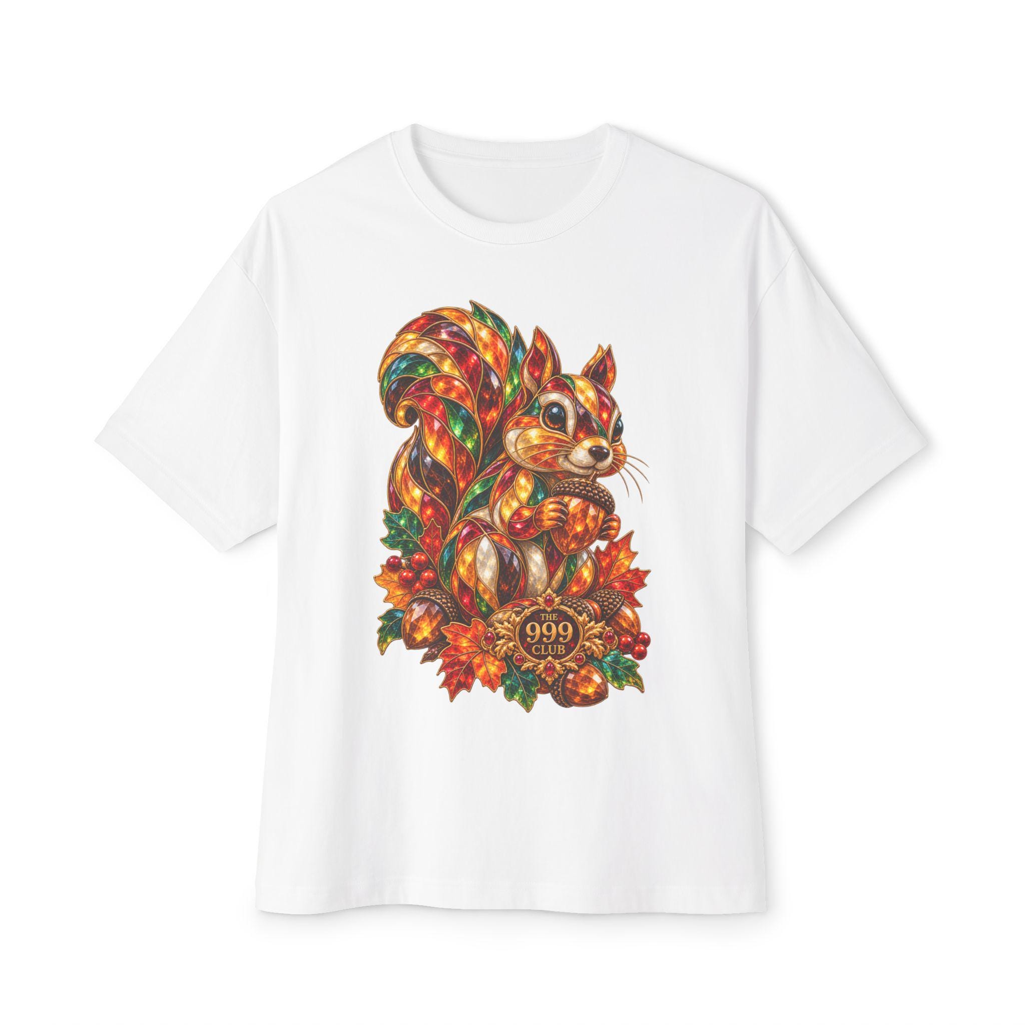 Autumn Candy Squirrel Tee | Fall Leaves, Acorn Motif — original animal art T-shirt design by THE 999 CLUB