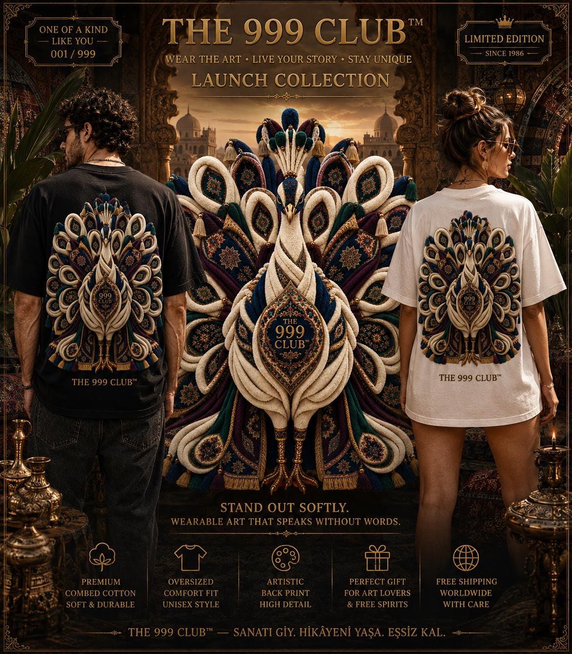 Oversized Art Lover Tee: Intricate Peacock Illustration, Comfortable Cotton (Bella+Canvas 3010)
