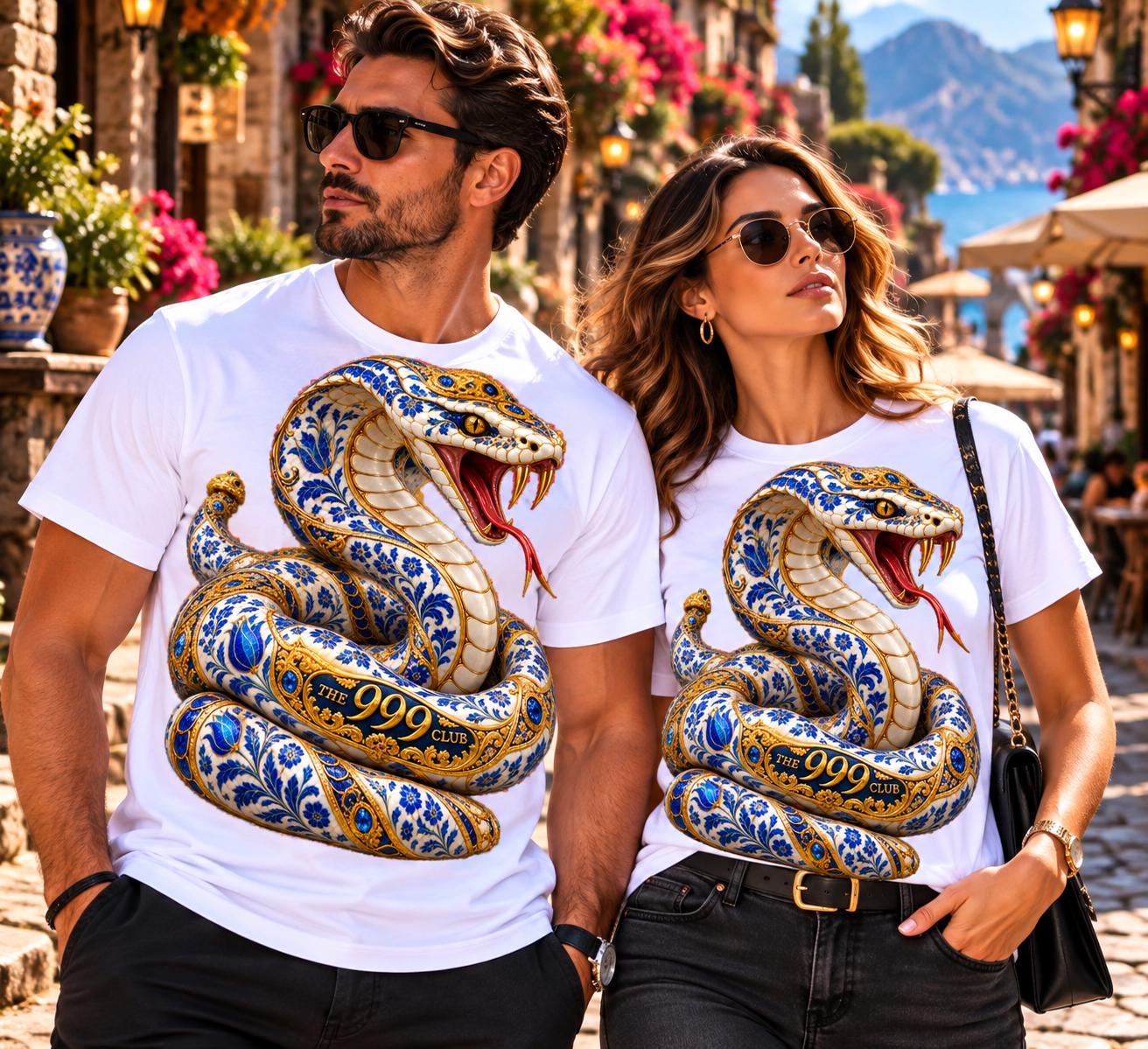 Ornate Blue Snake T-Shirt | Coiled Serpent Illustration