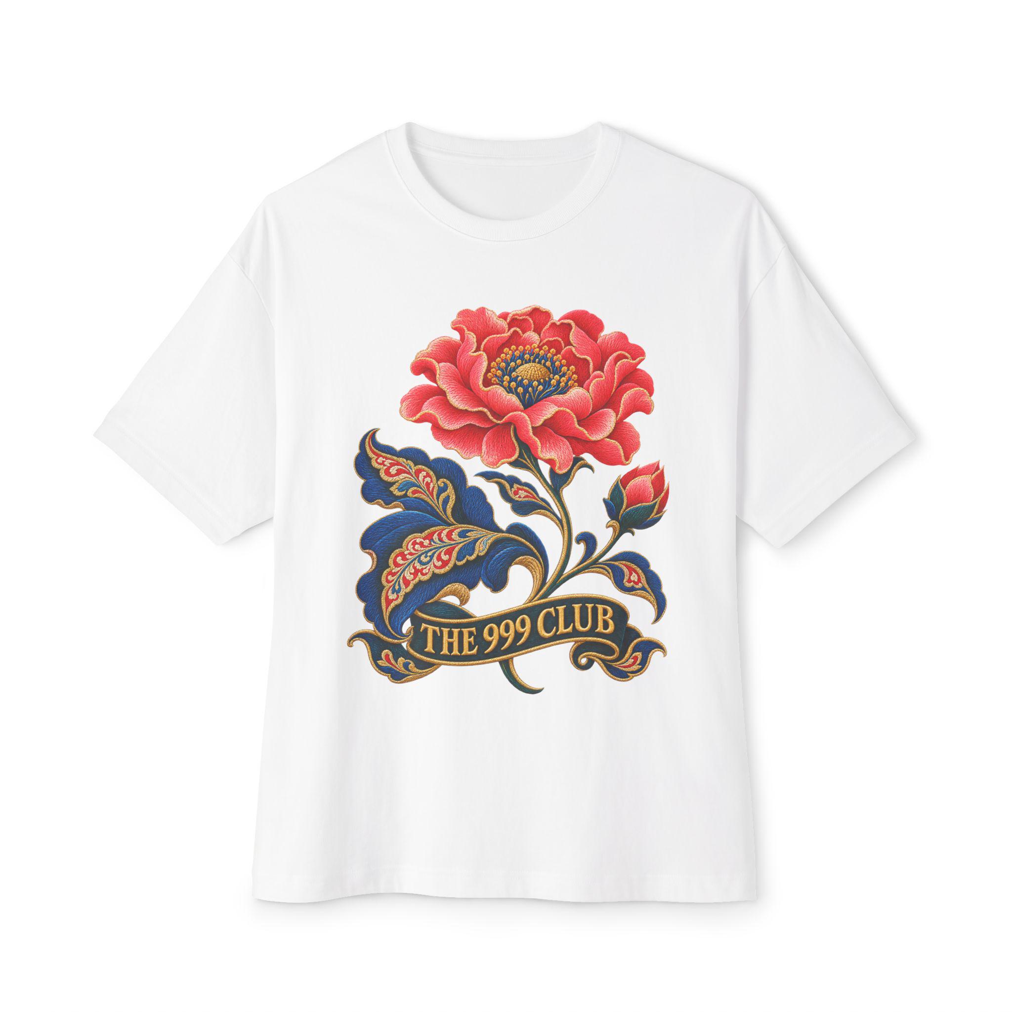 Red Floral Garden Art Tee, Personalized Flower Shirt, Green World Botanical Design, Raised Embroidery Inspired Art, Woven Wearable Art — THE 999 CLUB wearable art