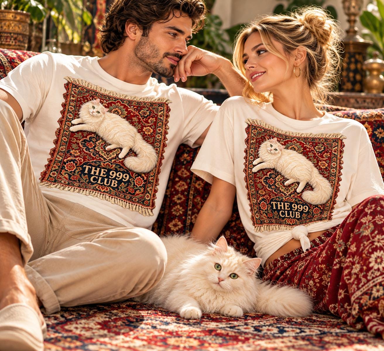 White Cat on Persian Rug tee | The 999 Club T-Shirt — THE 999 CLUB wearable art