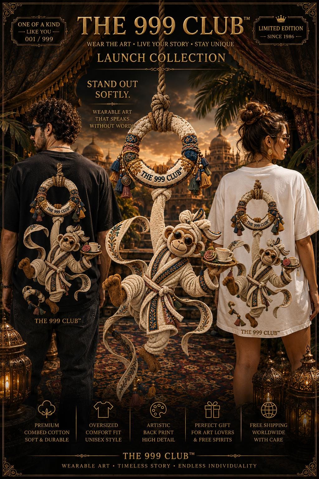 Tee: Monkey Art Print, Combed Cotton Streetwear