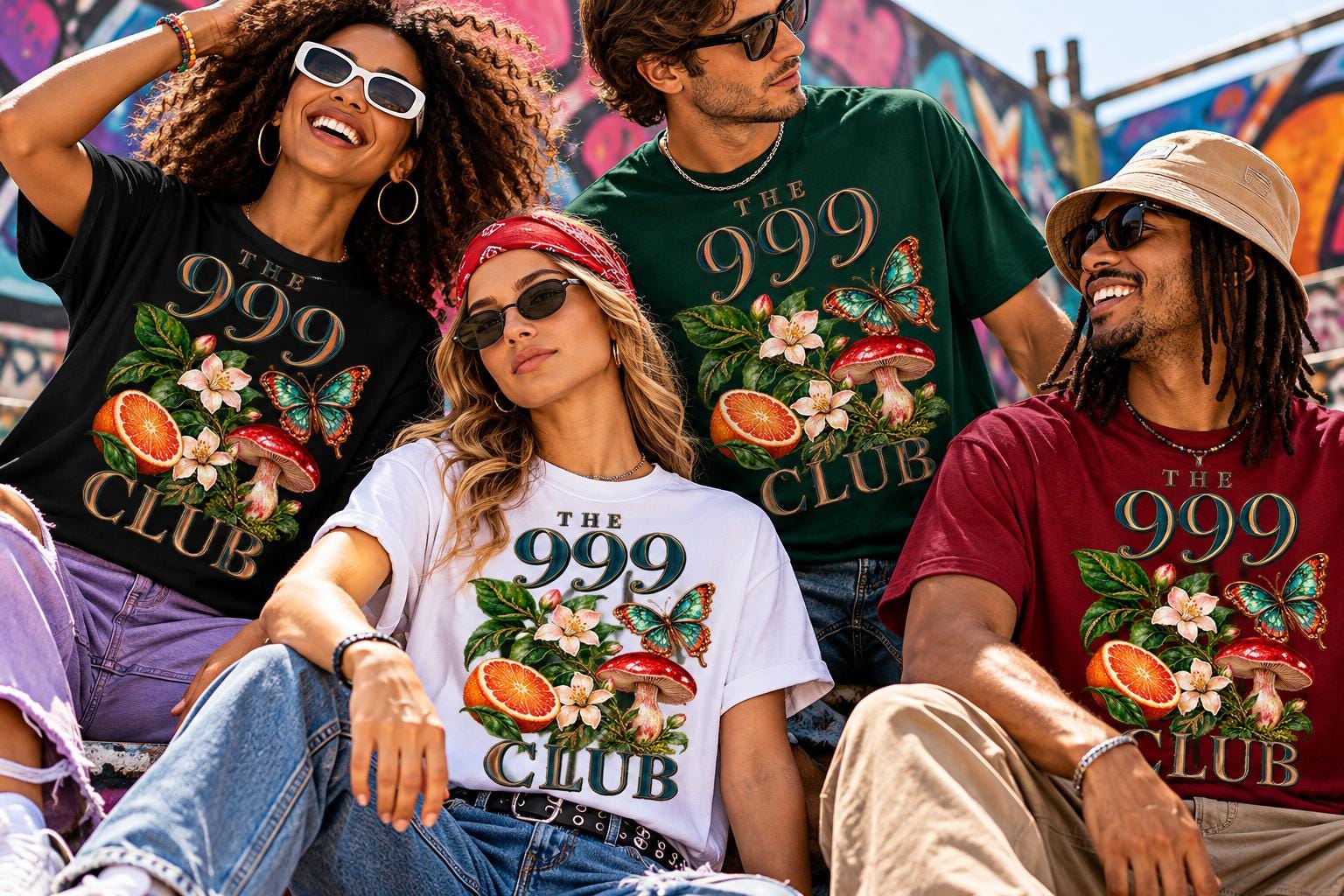 The 999 Club Floral Tee | Vintage Fruit, Butterfly Graphic — THE 999 CLUB wearable art