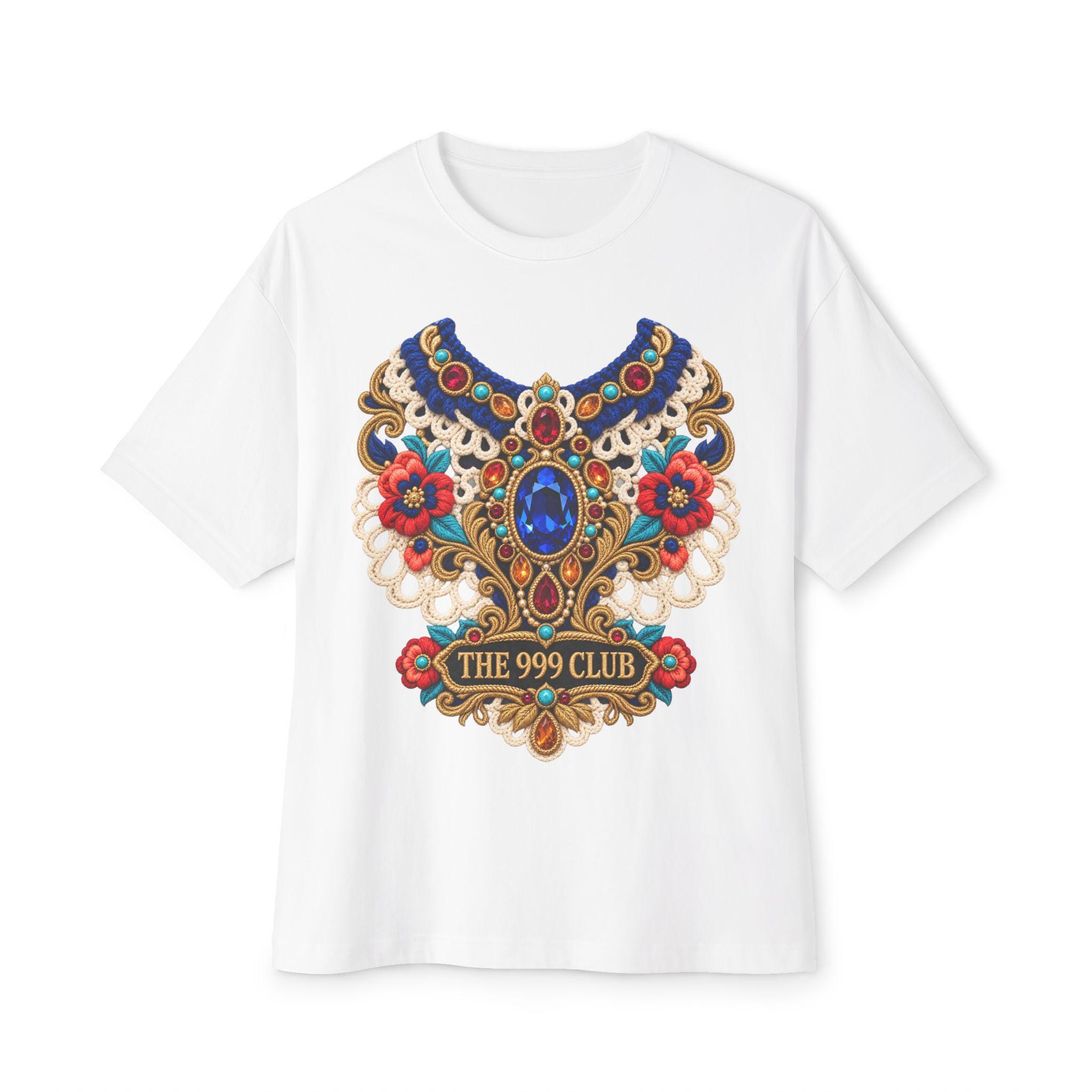 Ornate Jewel Crest The 999 Club T-Shirt | Floral Baroque Graphic Wool Knit — original porcelain luxe T-shirt design by THE 999 CLUB