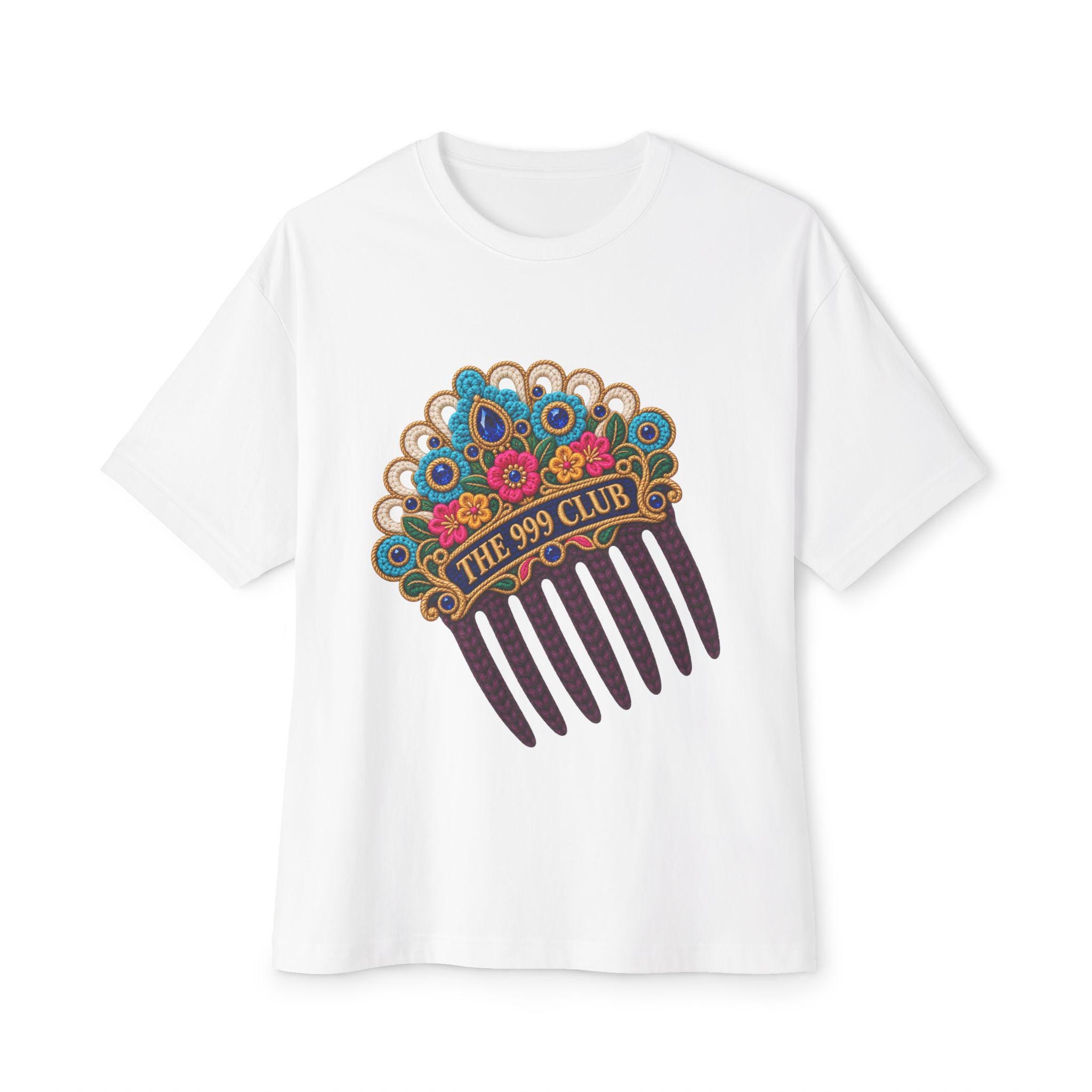 The 99 Club decorative hair pick Tee | Floral Afro comb design Wool Knit — original bohemian art T-shirt design by THE 999 CLUB