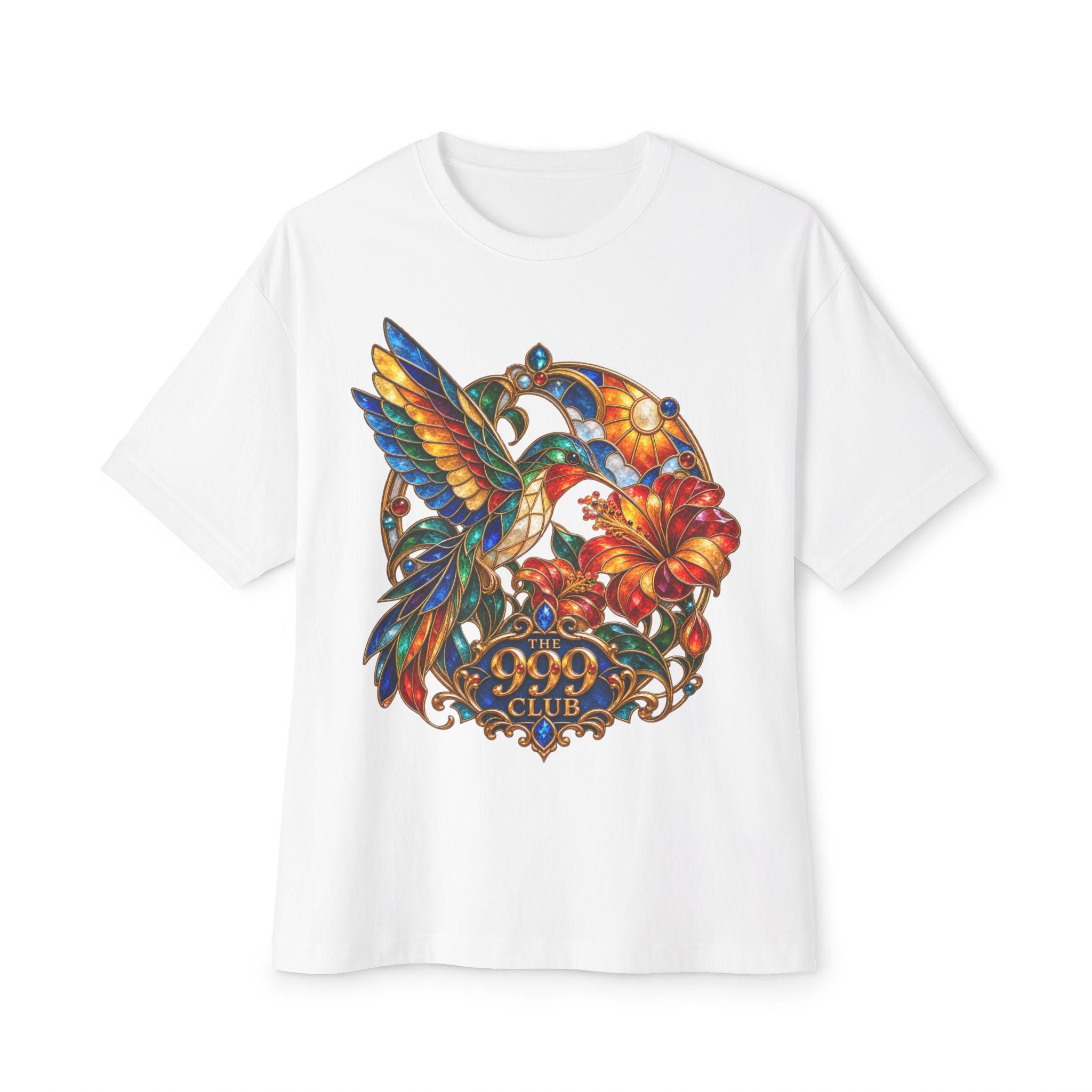 Colorful Hummingbird Floral The 999 Club Tee — original bohemian art T-shirt design by THE 999 CLUB