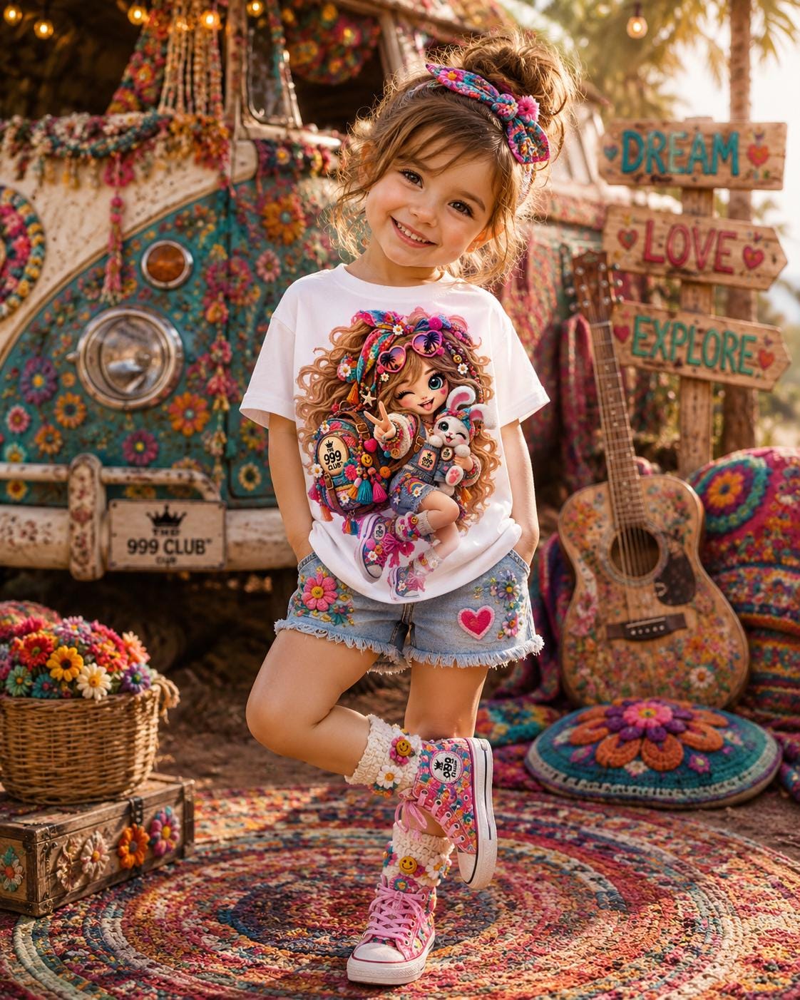 Toddler Graphic Tee, Curly Hair Child with Toys, Playful Cotton Shirt