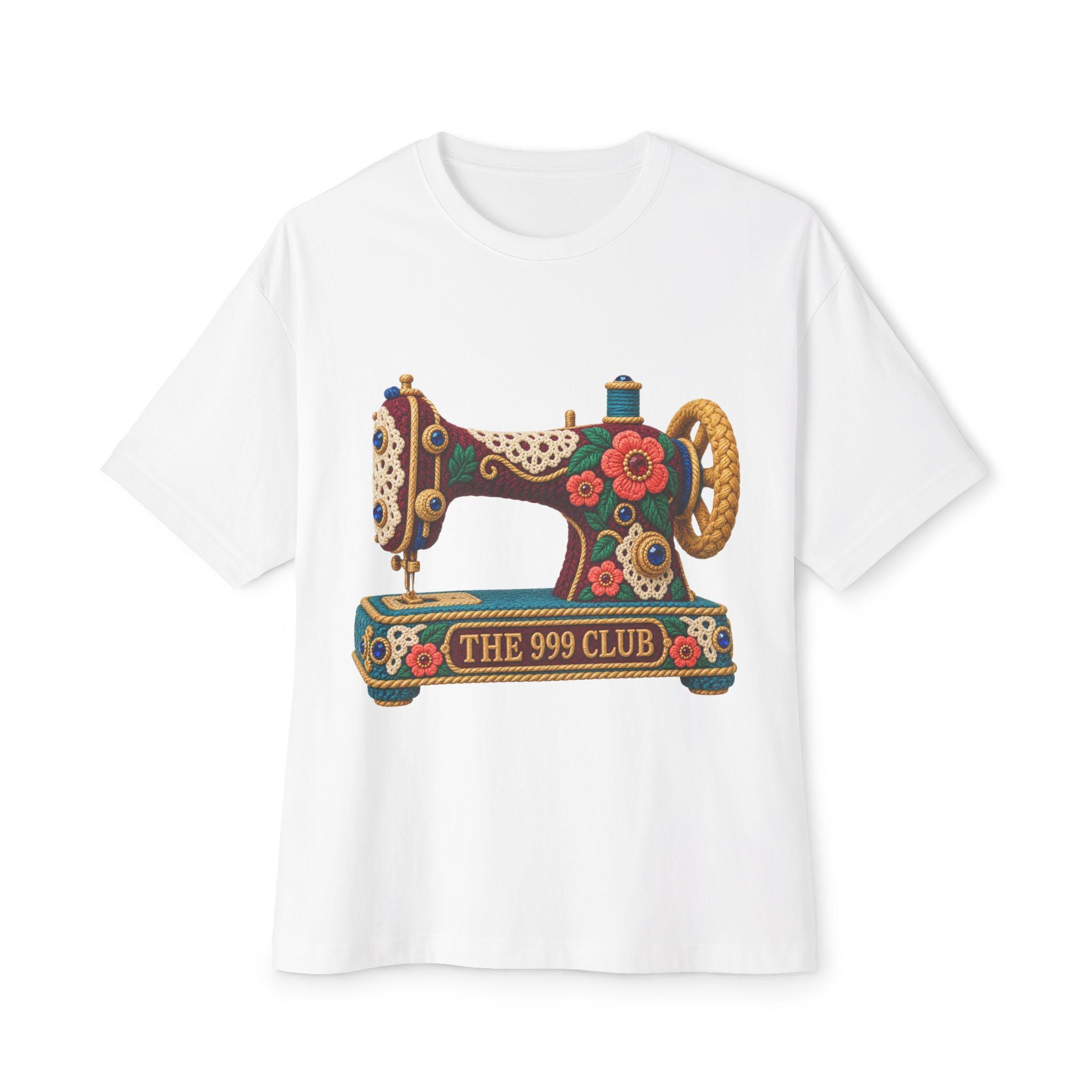 Floral Vintage Sewing Machine Tee | The 999 Club Wool Knit — original bohemian art T-shirt design by THE 999 CLUB