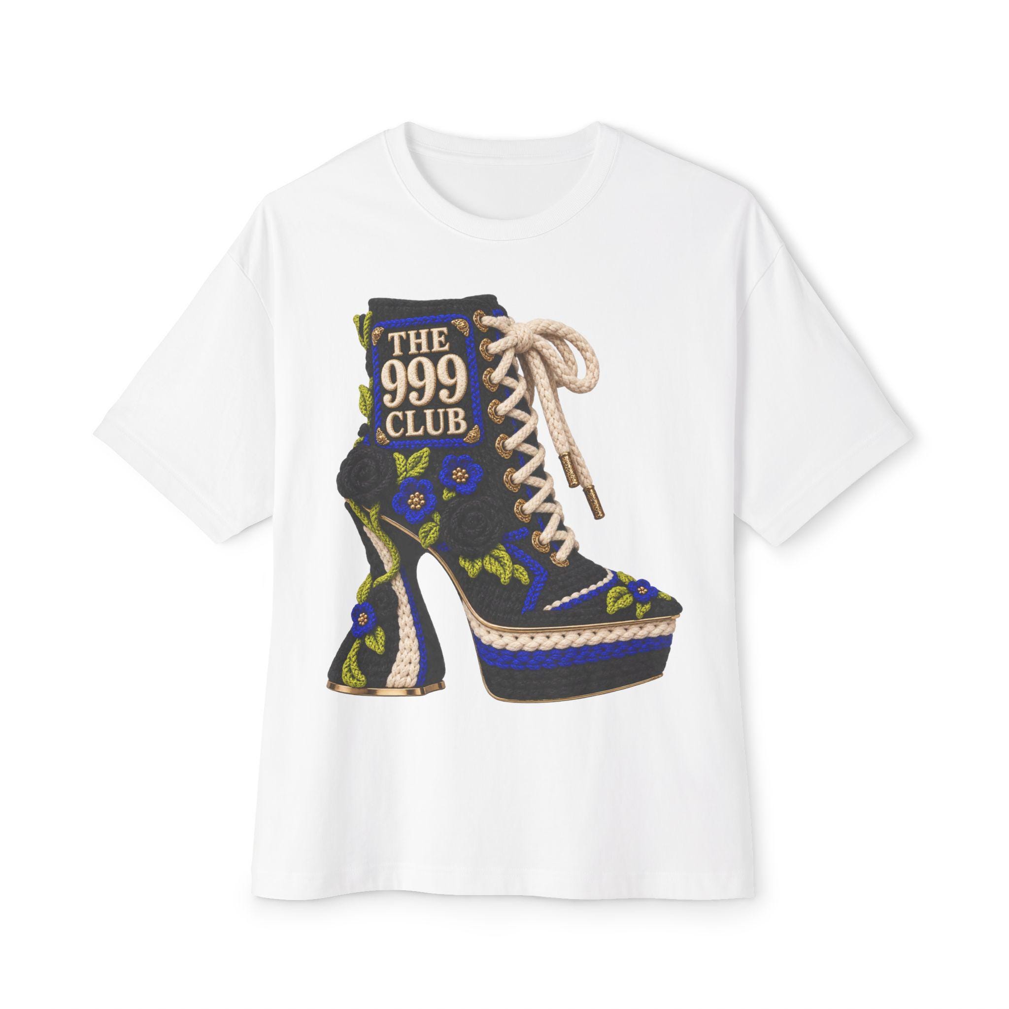 The 999 Club Platform Boot Illustration Tee | Vintage Floral Lace-Up Shoe Wool Knit — original bohemian art T-shirt design by THE 999 CLUB