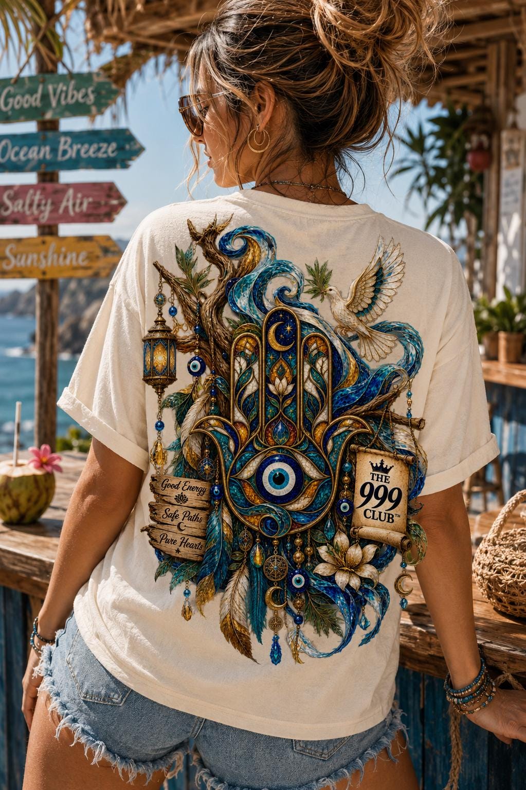 Evil Eye Hamsa Hand T-Shirt, Turkish Ornament, Oversized Cotton Tee (Personalized Name)