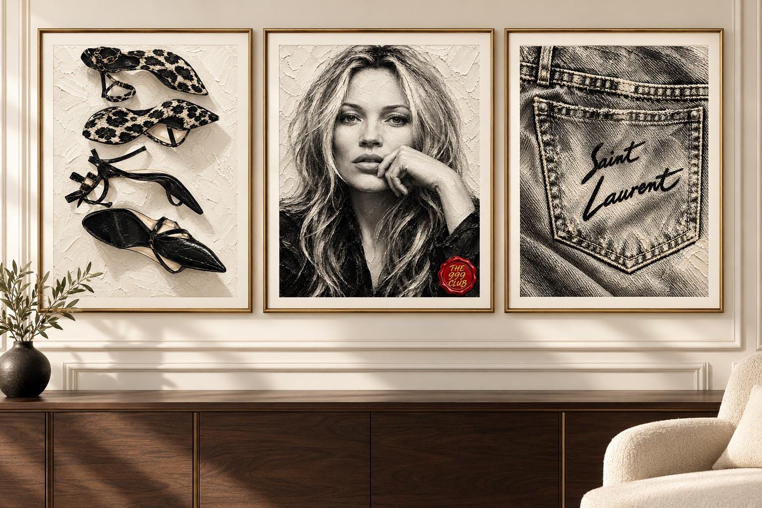 Saint Laurent Inspired Woman in Jeans and High Heels Poster, Chic Denim Fashion Wall Art, Luxury Editorial Oil Painting, Modern Boutique Art — THE 999 CLUB digital wall art