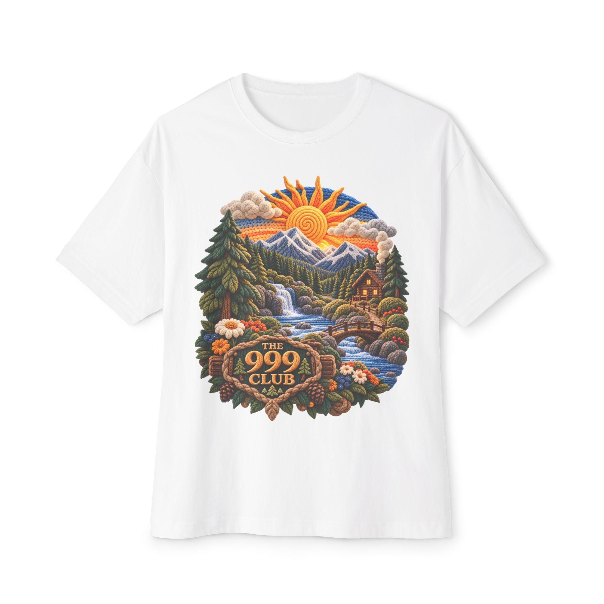 The 999 Club mountain cabin scene T-Shirt | scenic sunrise river illustration Wool Knit — THE 999 CLUB wearable art