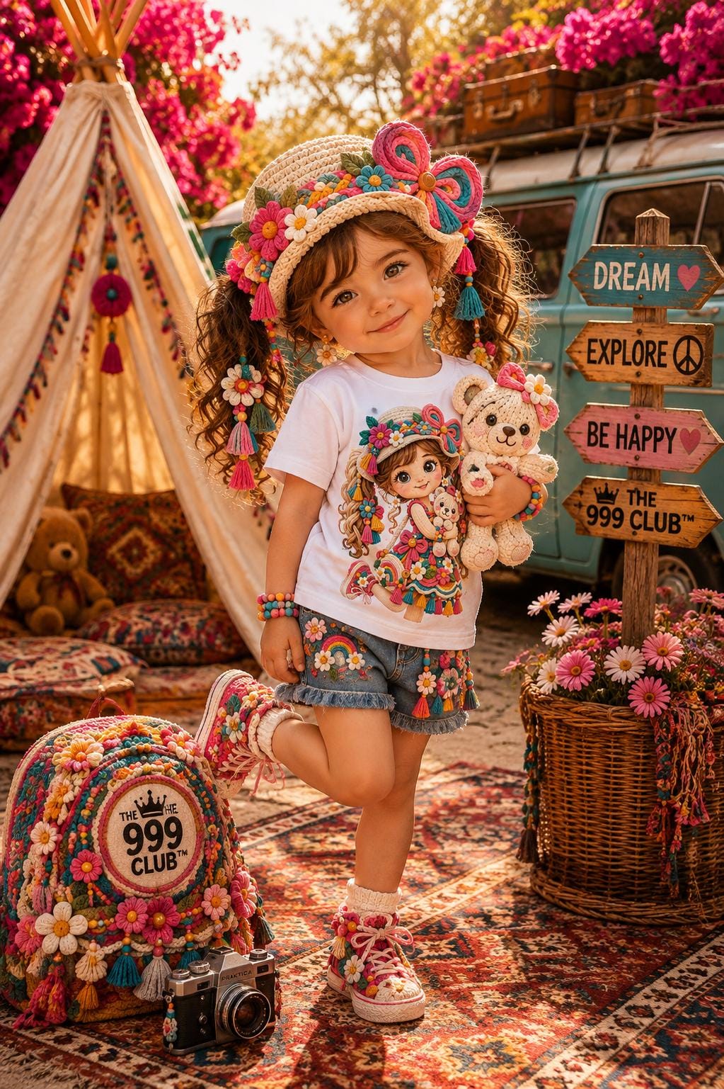 Toddler Adventure T-Shirt, Illustrated Girl, Flowers, Braids, Soft Cotton Knit