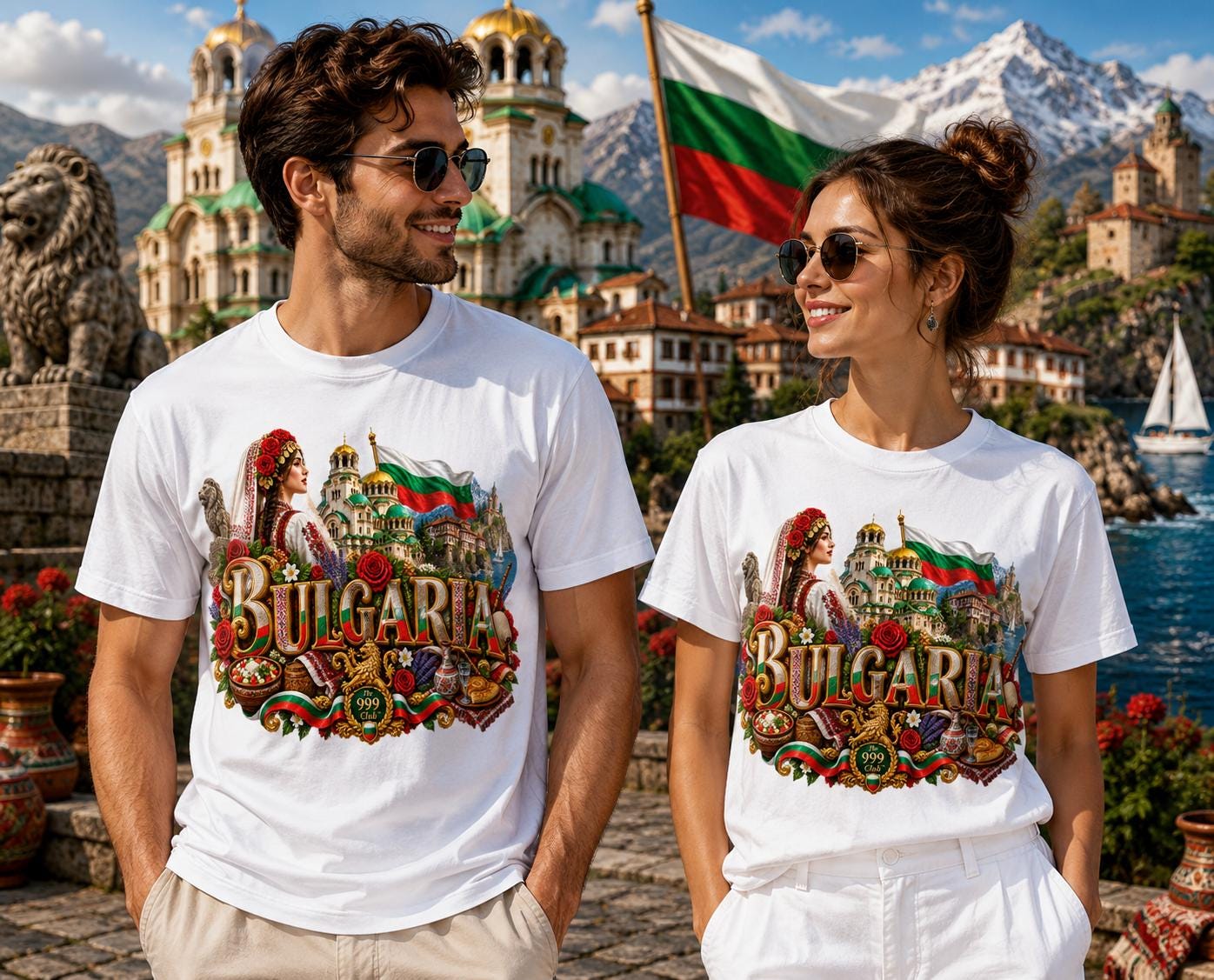 Bulgaria Folk Art T-Shirt, Traditional Costumes, Mountain Silhouettes, Cathedral Domes (Unisex)