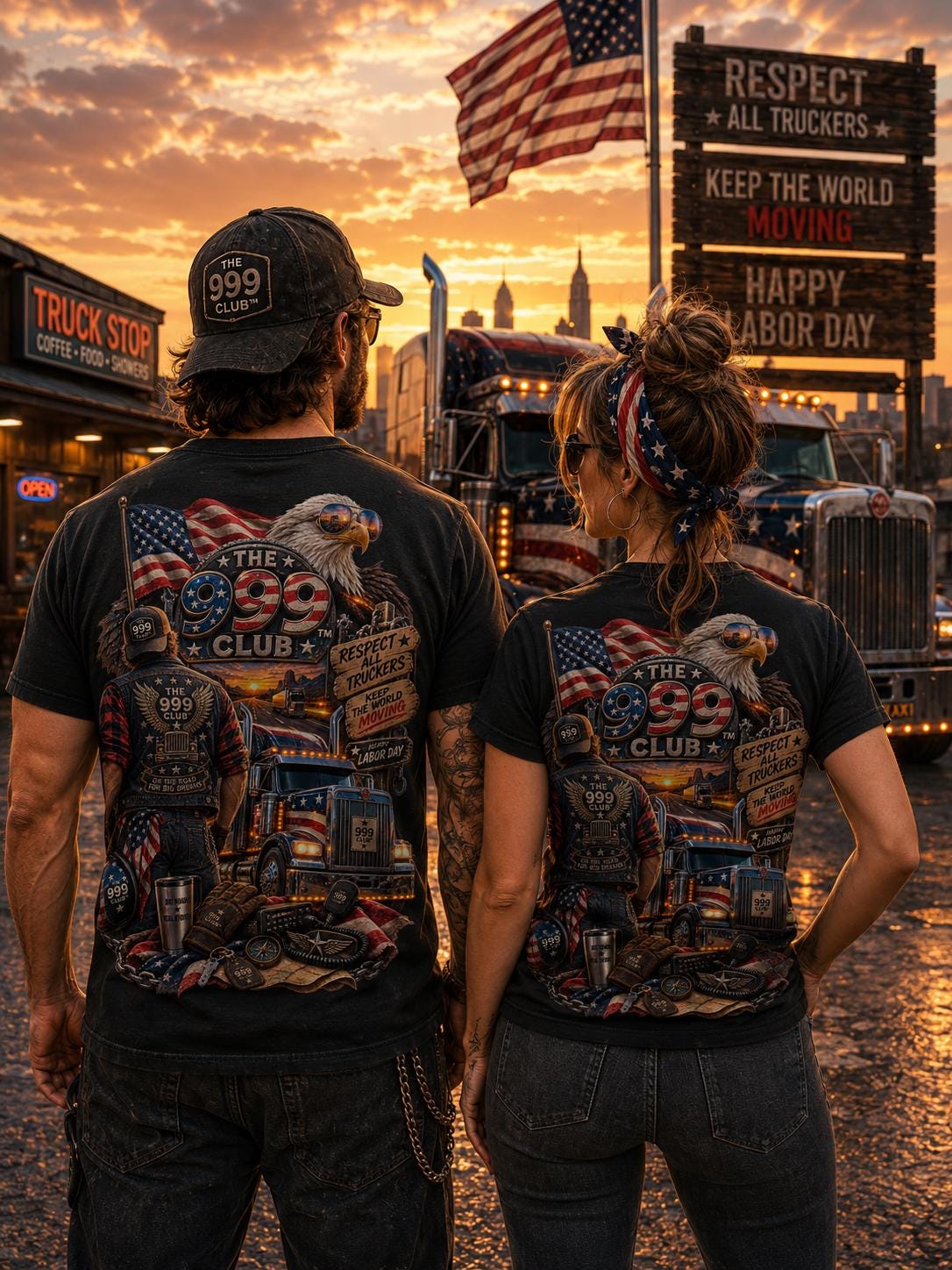 Labor Day Truckers Tee, 999 Club Eagle, American Flag, Airlume Cotton, Boxy Fit