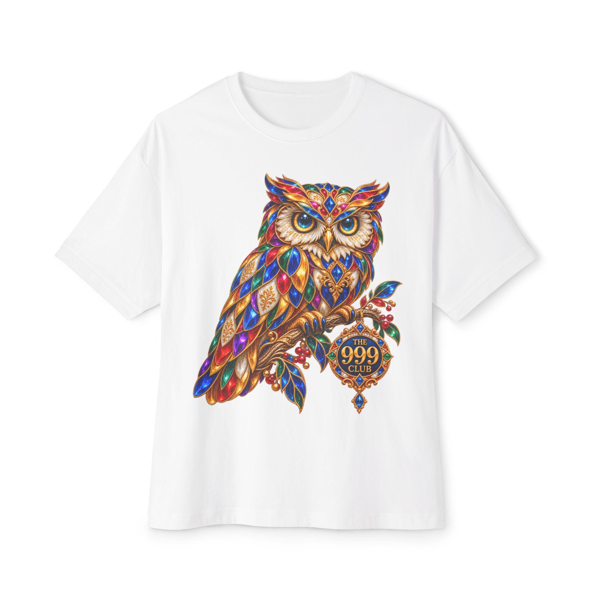 Colorful Jewel Owlet Tee | Multicolor Owl Illustration Shirt — original porcelain luxe T-shirt design by THE 999 CLUB