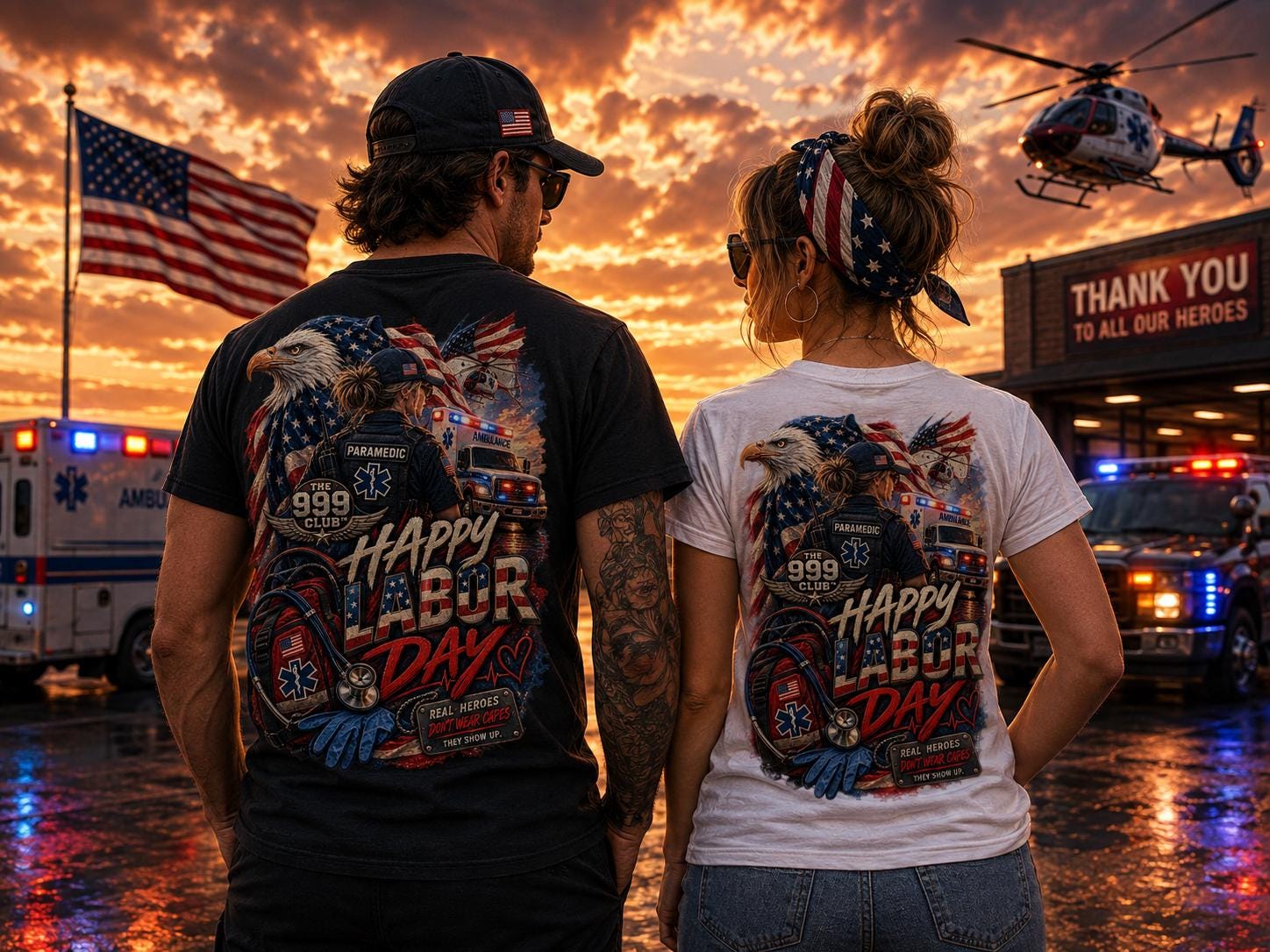 Labor Day Paramedic Shirt, Eagle, Ambulance, Firefighter, EMT, 999 Club (100% Cotton)