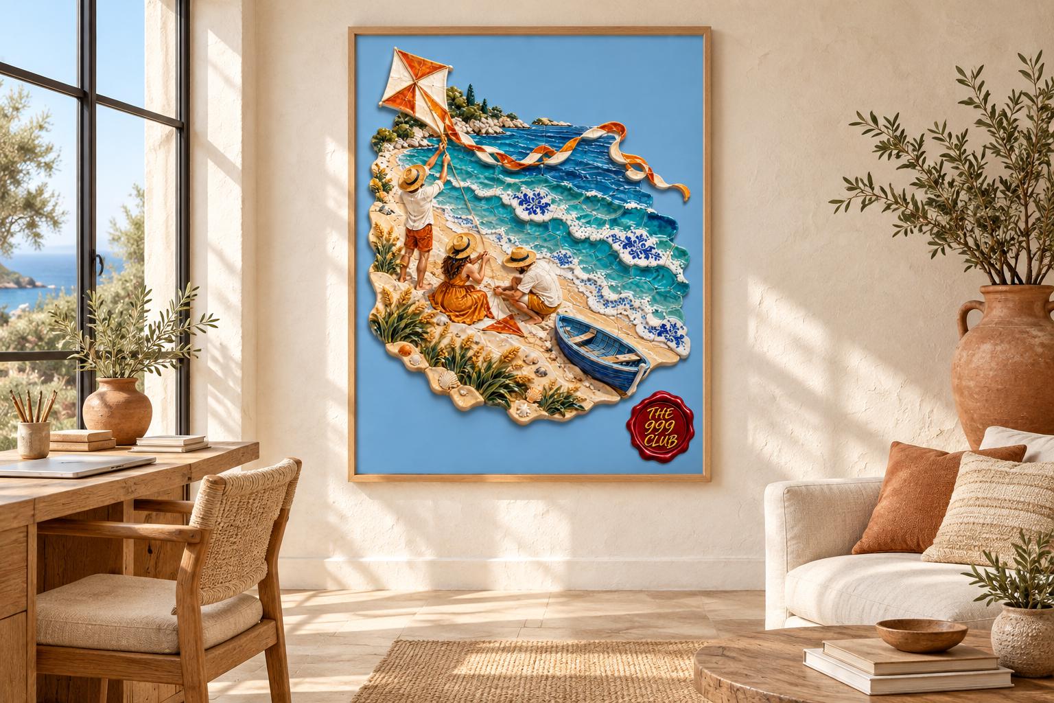 Kite Flying Beach Wall Art Poster, Sandy Shore Sailboat Ocean Art, Coastal Landscape Print, Nautical Beach House Decor, Summer Seaside Gift — THE 999 CLUB digital wall art
