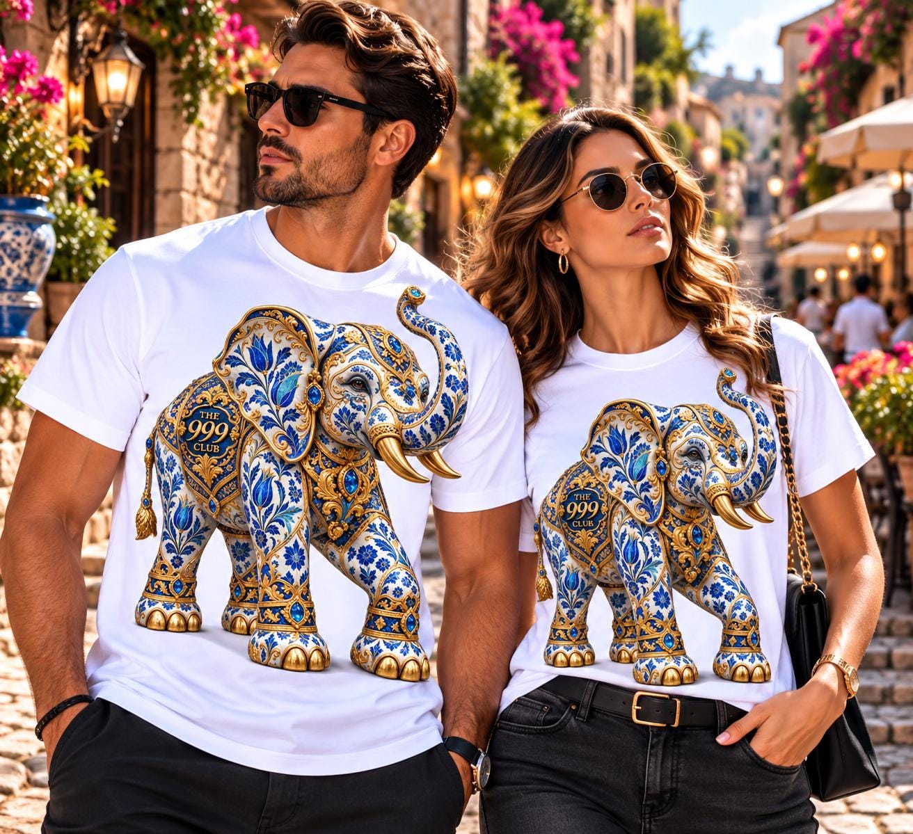 Blue Gold Ornate Elephant Tee | Decorative Pattern Animal Shirt