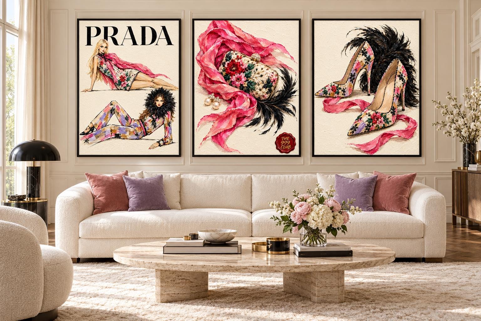 Prada Inspired Fashion Shopping Poster, Women's Shoes, Floral Handbag and Wallet Oil Painting, Luxury Boutique Wall Art, Chic Feminine Decor — THE 999 CLUB digital wall art