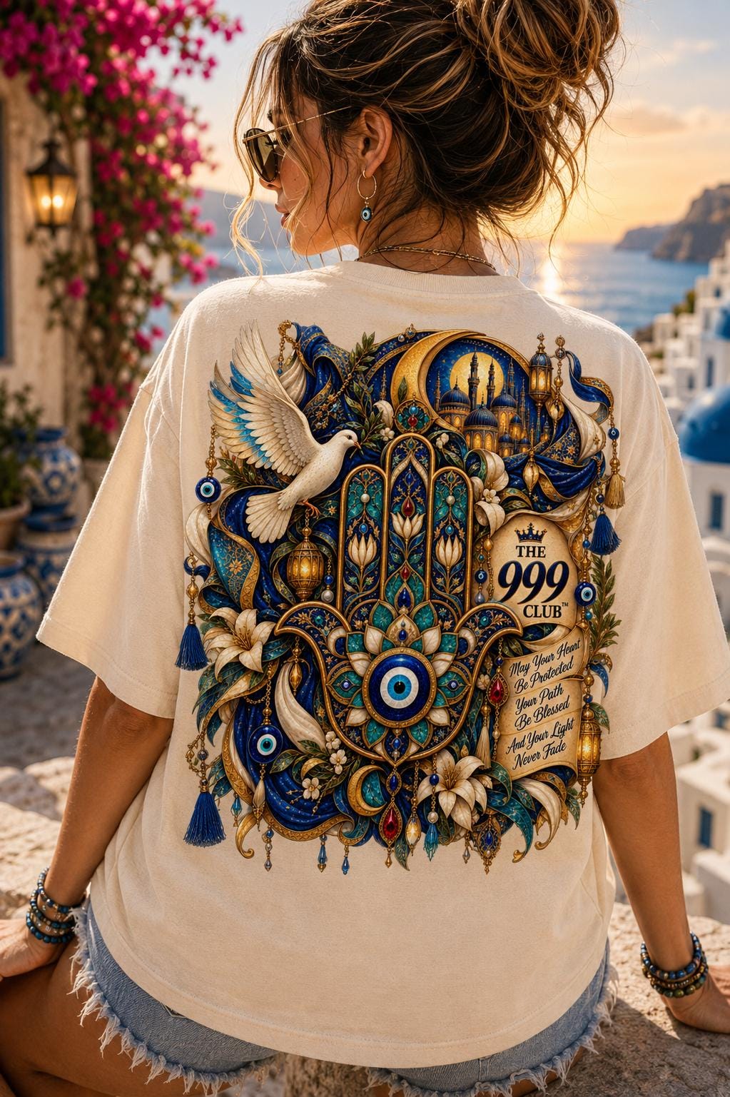 Floral Hamsa Evil Eye T-Shirt, Turkish Pattern, Cotton Tee, Summer, Holiday, Flower, Sunday,