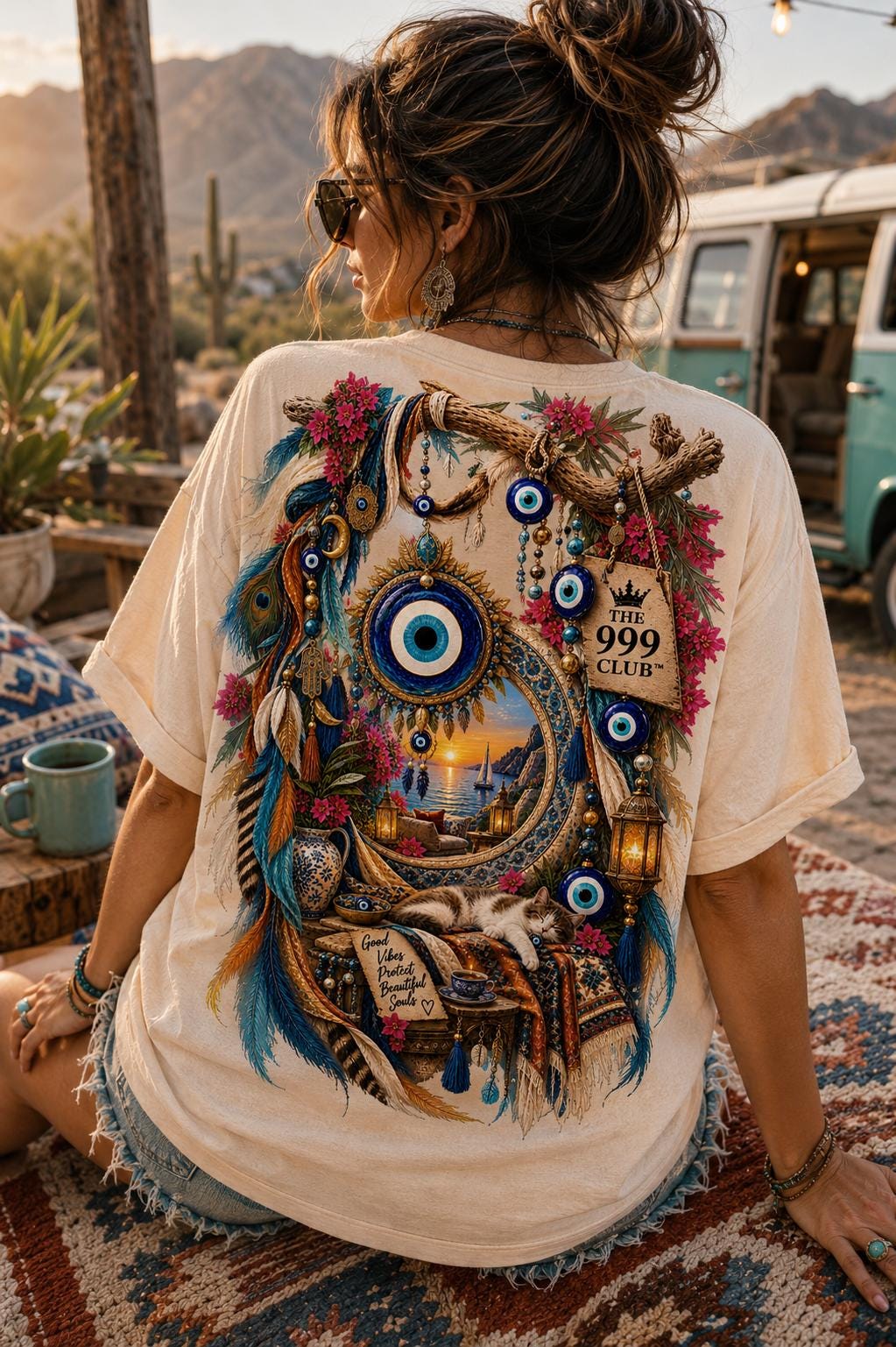 Nazar Flower Graphic T-Shirt, Hamsa Hand Artwork, Oversized Cotton Tee