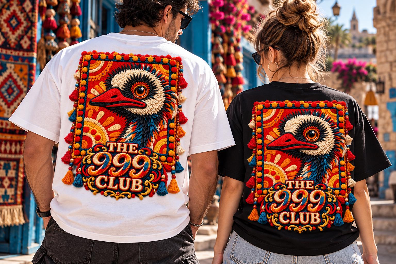 Baby Ostrich T-Shirt, Kilim Rug Motif Graphic Tee, Hand Knitted Look, Ethnic Boho Wearable Art, Authentic Folk Style, New Season Gift — THE 999 CLUB wearable art