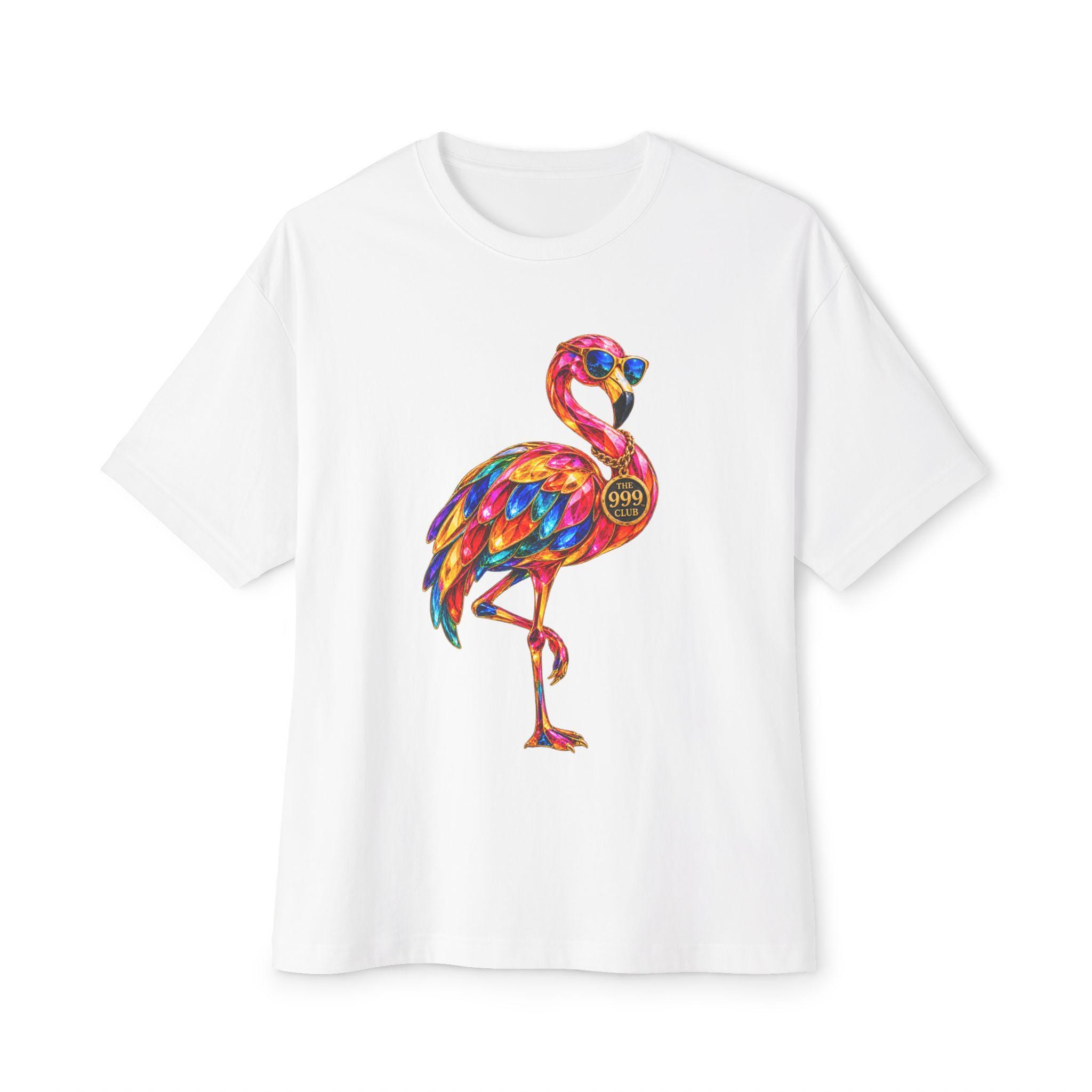 Colorful Watercolor Flamingo Tee | Vibrant Sunglasses Bird Graphic — original animal art T-shirt design by THE 999 CLUB