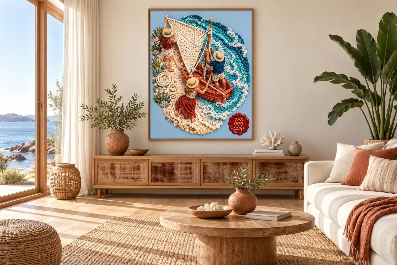 Coastal Sailboat Wall Art Poster, Lace Crochet Motif Artwork, Beach Sailing Boat Print, Nautical Seaside Home Decor, Summer Beach House Gift — THE 999 CLUB digital wall art