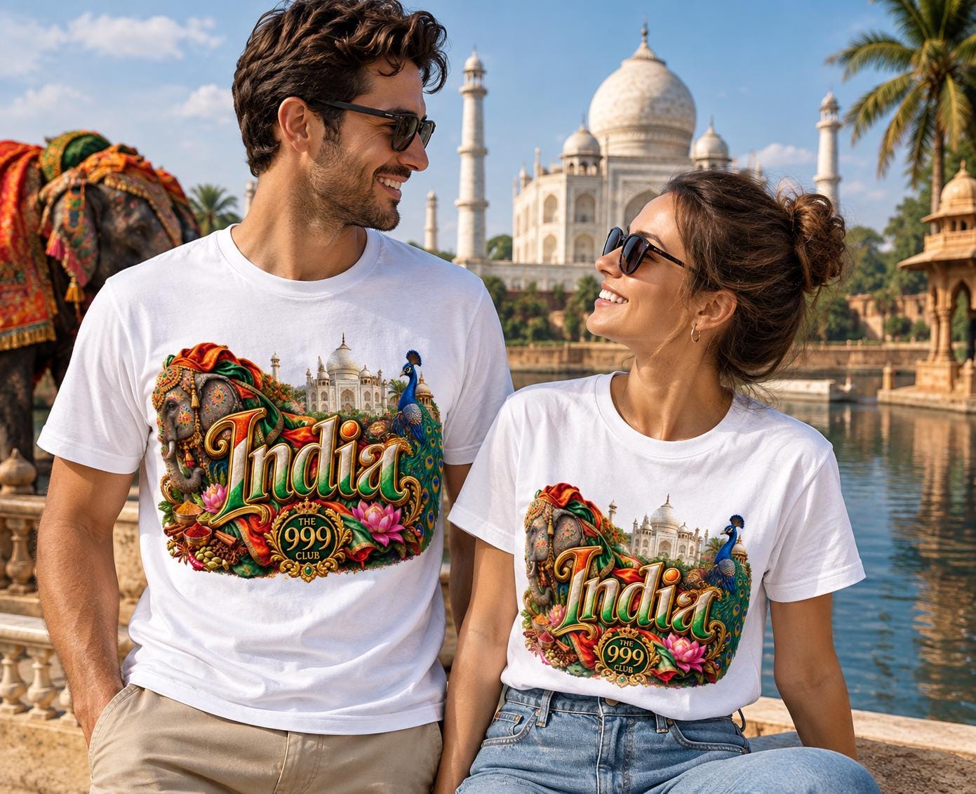 India Travel Tee: Taj Mahal, Elephant, Peacock Print (Oversized Cotton)