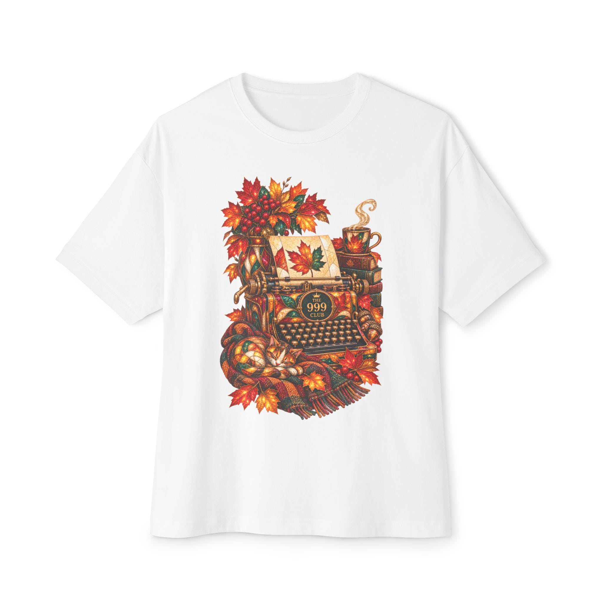 Autumn Typewriter Illustration T-Shirt | Fall Leaves, Coffee, Cozy Writing — original signature tees T-shirt design by THE 999 CLUB