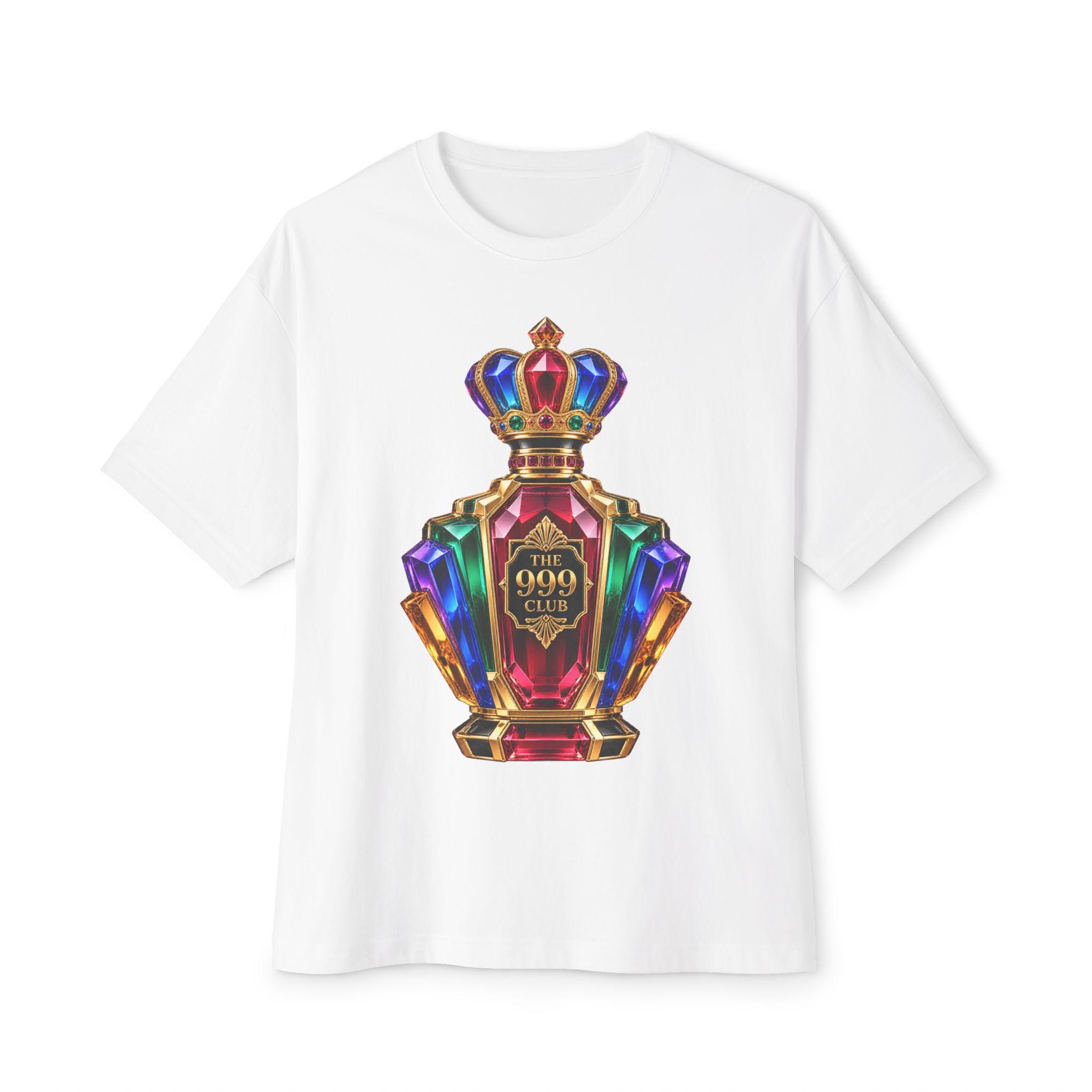Rainbow Crown Perfume Bottle Tee | Jewel Tone Fragrance Graphic Wearable Art — THE 999 CLUB wearable art