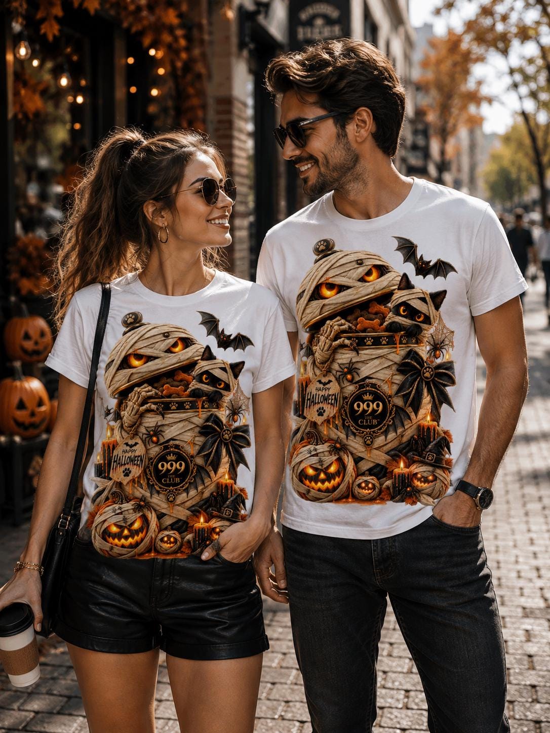 Mummy Cat with Pumpkins Halloween T-Shirt | Spooky Bat Design
