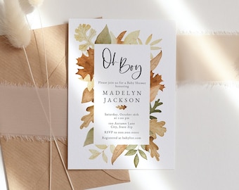 Peut inclure: Une invitation à une fête prénatale avec un motif aquarelle de feuilles d'automne dans des tons de brun, orange et vert. Le texte sur l'invitation indique "Oh Boy" et "Madelyn Jackson".
