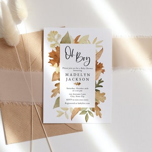 Customizable Oh Boy Fall Leaves Baby Shower Invitation, Autumn Leaves Baby Shower Invite Template, Instant Download [id:8725674]