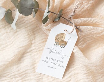 Personnalisable Oh Baby Stroller Baby Shower Favor Tag Template, Pram Baby Shower Gift Tag, Modern Boho Instant Download [id:10579717]