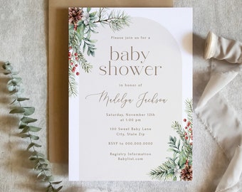 Customizable Christmas Baby Shower Invitation Template, Winter Baby Shower Digital Invite, Christmas Boho Arch Baby Shower [id:16852043]