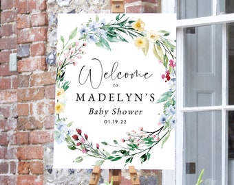 Customizable Baby in Bloom Baby Shower Welcome Sign Template, Wildflower Baby Shower Sign, Floral Wreath Instant Download [id:10894619]