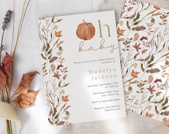 Customizable Pumpkin Fall Baby Shower Invitation Template, Autumn Baby Shower Invites Girl, Oh Baby Immediate Download [id:16870589]