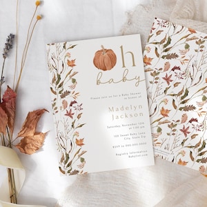 Plantilla personalizable de invitación para baby shower de otoño con calabaza, invitaciones para baby shower de otoño para niña, ¡Oh, bebé! Descarga inmediata [id:16870589]