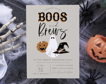 Customizable BOOs and Brews Halloween Party Invitation, Funny Halloween Party Invite Template, Ghost Halloween Instant Download [id:8658745]