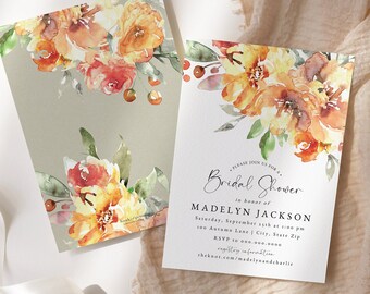 Customizable Fall Floral Bridal Shower Invitation, Autumn Bridal Shower Invite Template, Ginger Floral Instant Download [id:8644749]