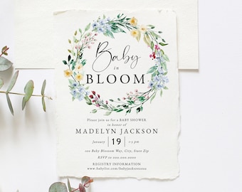 Customizable Baby in Bloom Baby Shower Invitation Template, Wildflower Baby Shower Digital Invite, Floral Wreath Baby Shower [id:10879113]