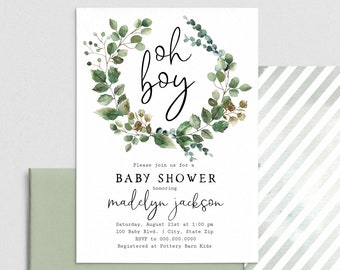 Oh Boy Green Baby Shower Invitation, Eucalyptus and Greenery Baby Shower Invite Template, Baby Shower Instant Download [id:4397601,4397781]