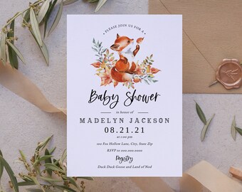 Customizable Woodland Fox Baby Shower Invitation, Autumn Leaves Baby Shower Invite Template, Little Fox Instant Download [id:8887914]