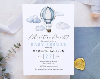 Adventure Awaits Hot Air Balloon Baby Shower Invitation Template, Customizable Blue Boy Baby Shower Digital Invite [id:7150037]