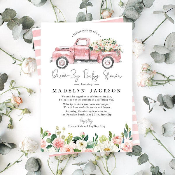 Flower Truck Drive By Baby Shower Invitation, Drive By Baby Shower Digital Invite Template, Baby Girl Shower Instant Download [id:5154757]