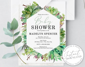 DIY Succulent Baby Shower Invitation, Watercolor Baby Shower Invite, Envelope Liner [id:1941820,1941846]